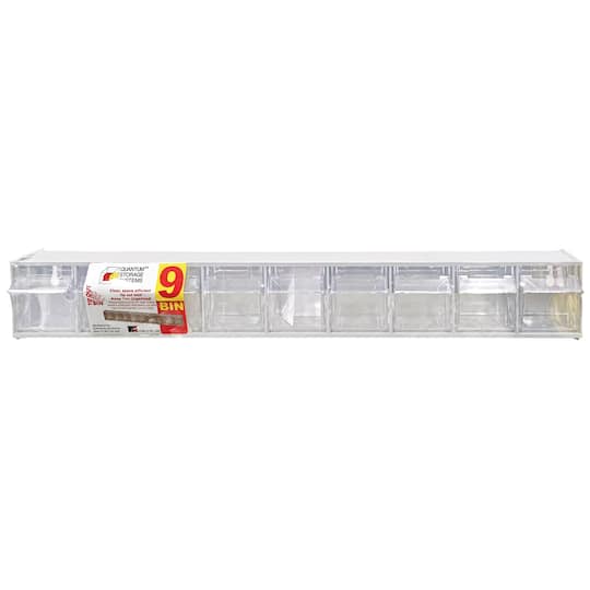 Quantum Storage 9 Compartment White Small Parts Tip Out Stacking Bin Organizer - 23-5/8" Wide x 3-1/8" High x 2-1/2" Deep, Polystyrene Frame, 2-3/16"